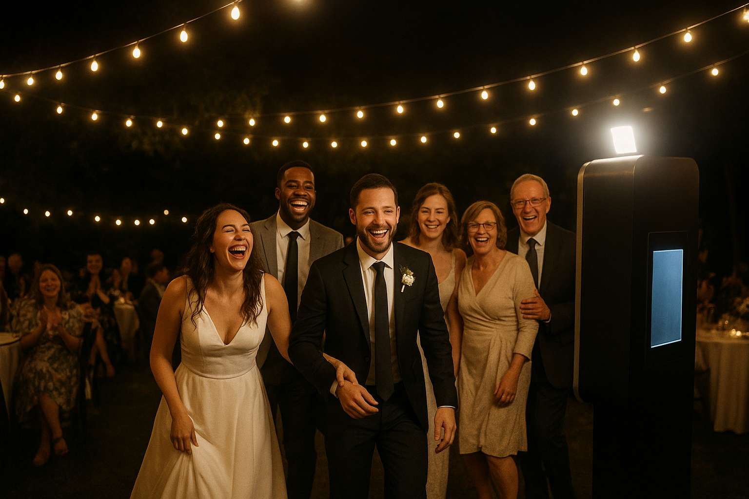 Wedding guests enjoying photo booth rental Hopkinsville Kentucky setup during an evening reception