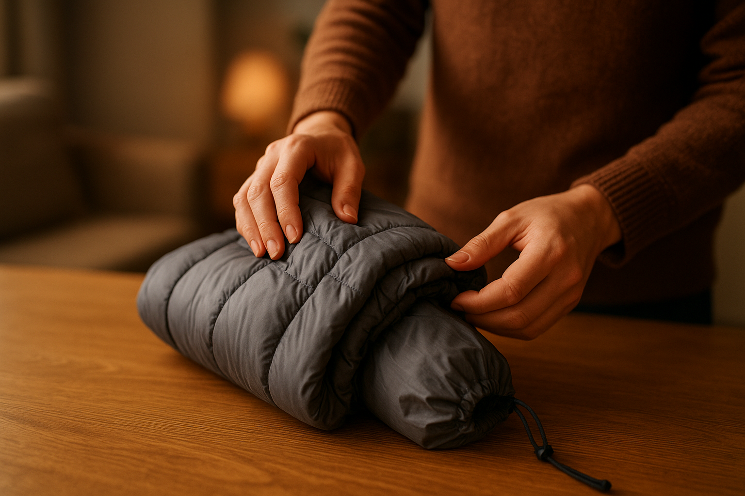 hands packing a bundle jacket into a small stuff sack for travel