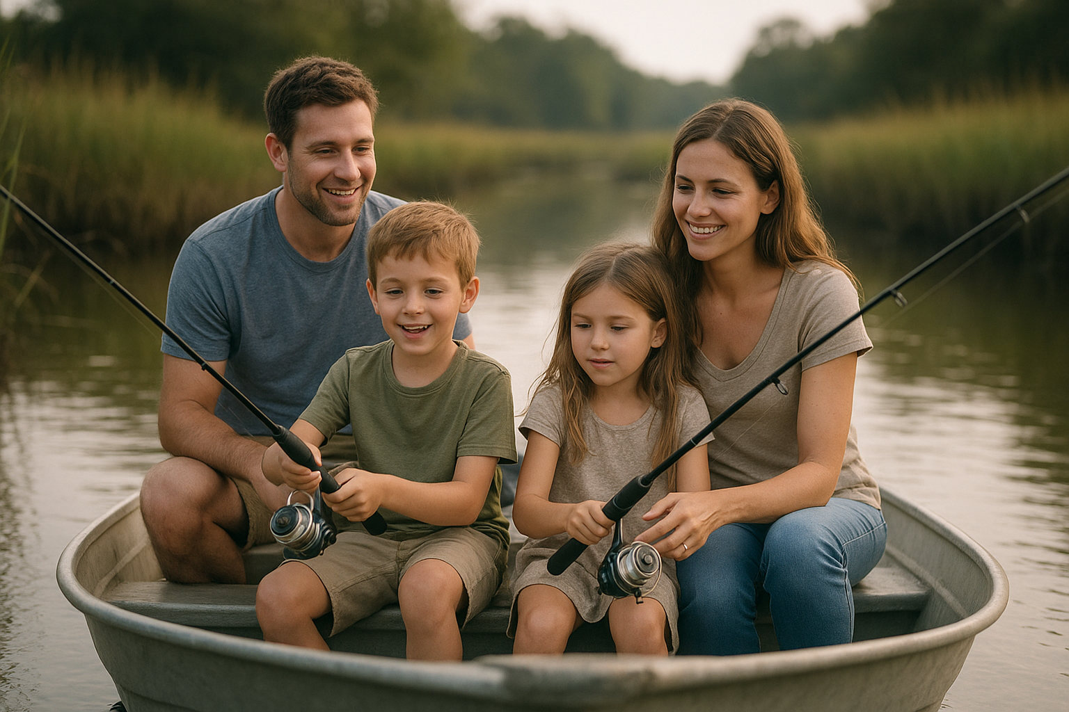 Family enjoying an inshore fishing charter trip in a calm Myrtle Beach area creek