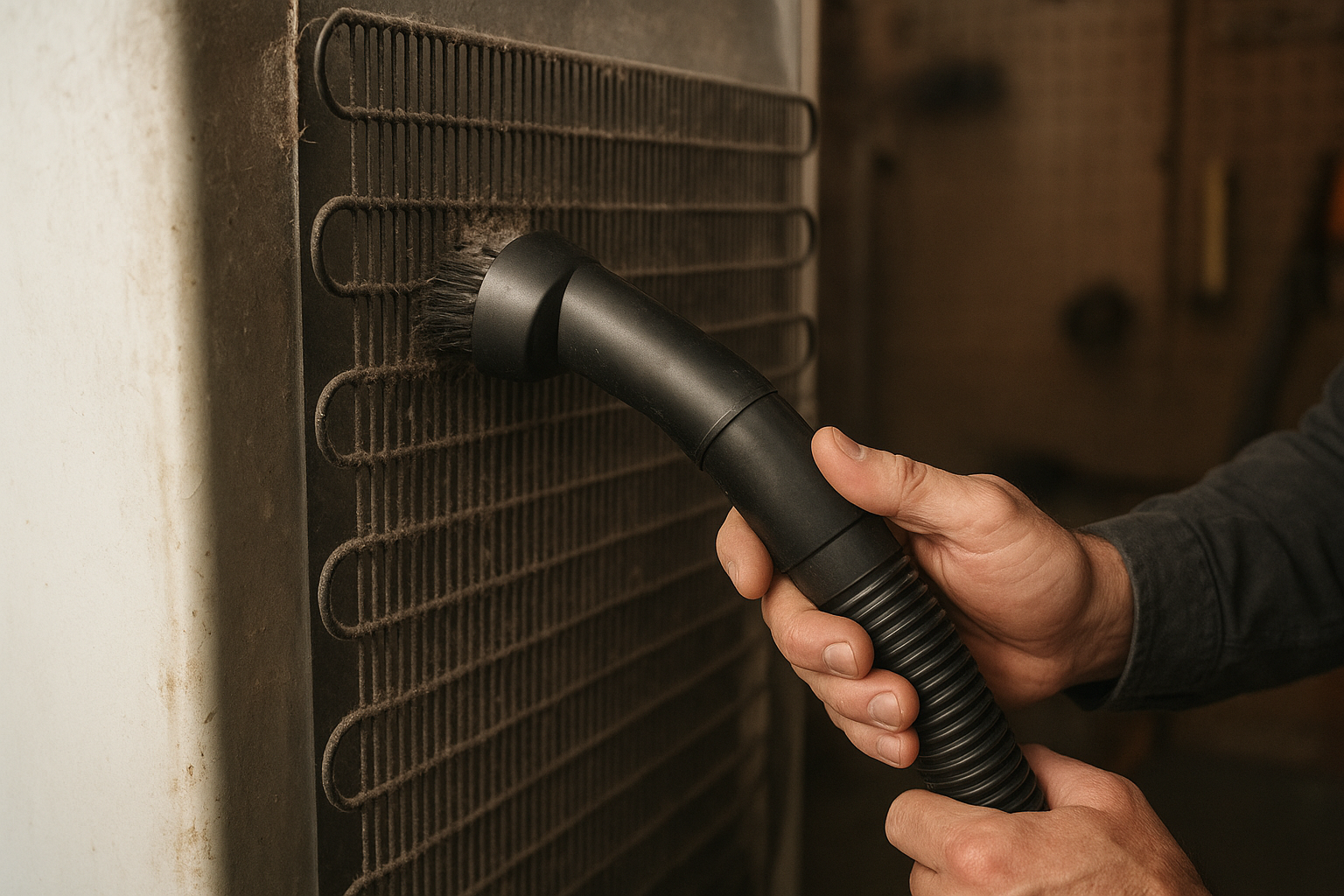 Homeowner cleaning refrigerator condenser coils as a basic maintenance step