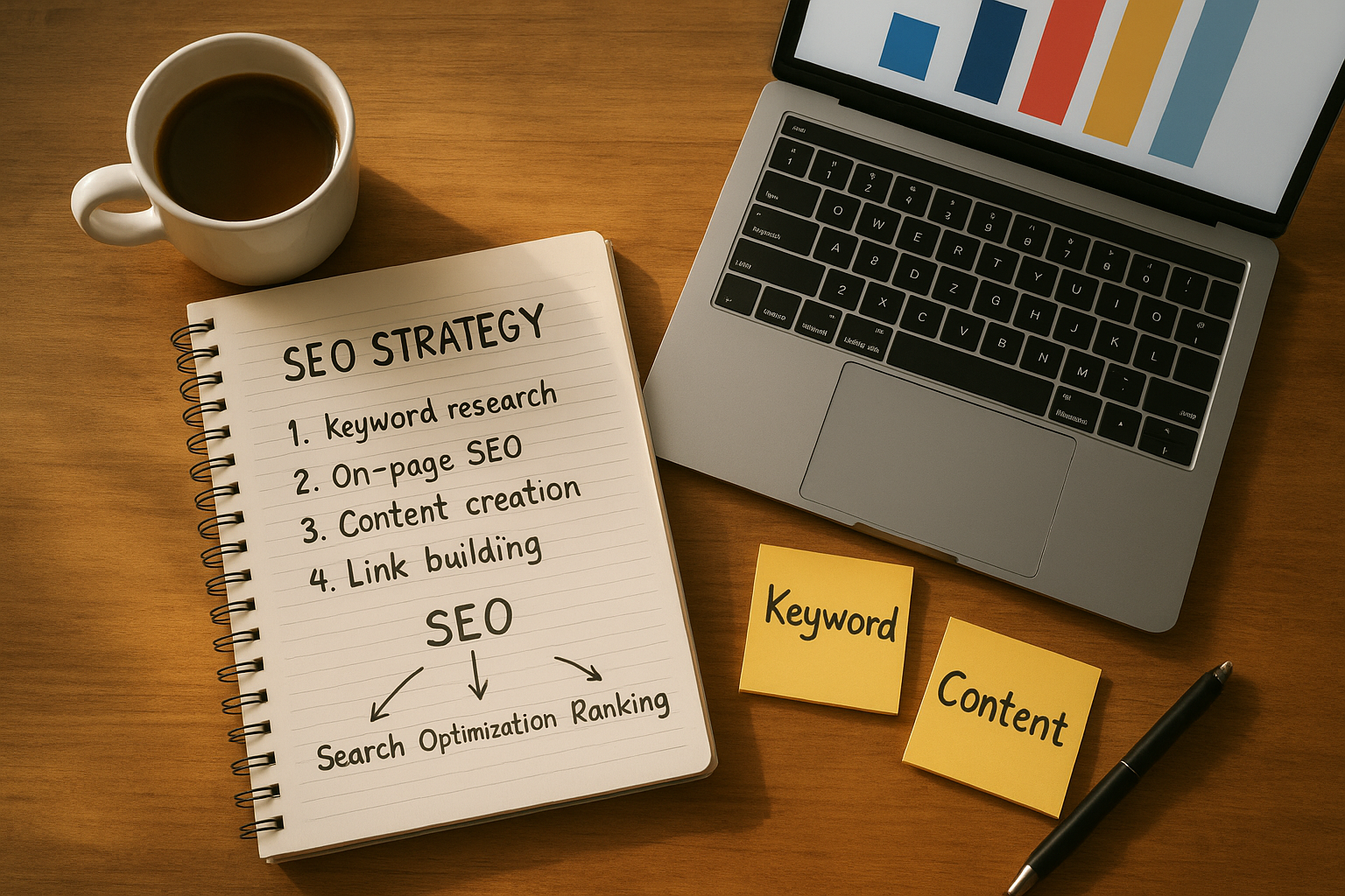 SEO strategist planning a competitor domain analysis with charts and handwritten notes on a desk