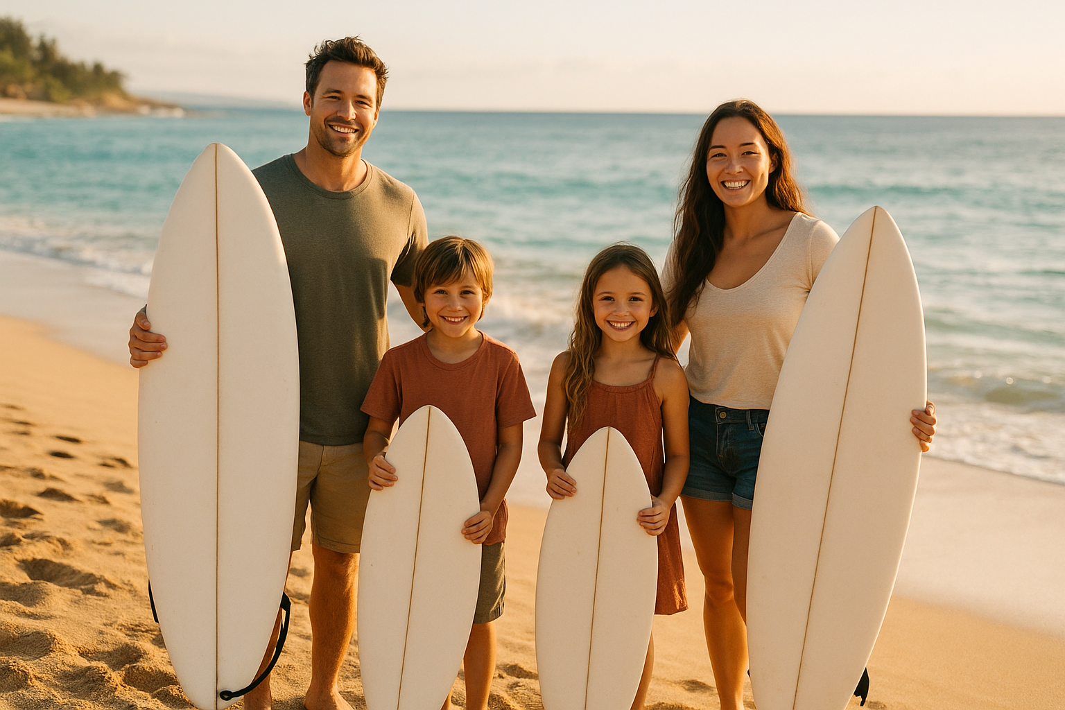 family standing with surfboards on Waikiki beach before a family surf lesson in Hawaii