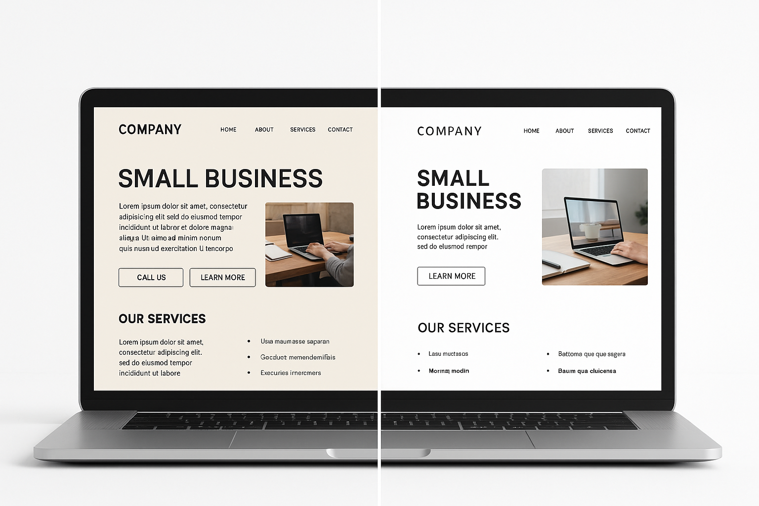 Before and after comparison of a small business website layout after a branding repair