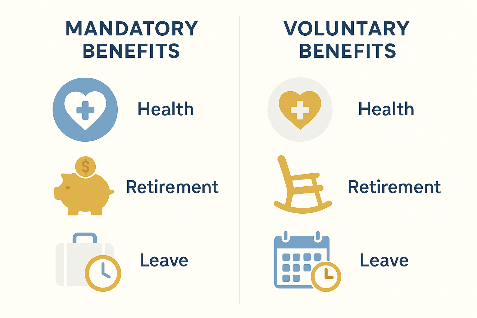 Illustration comparing mandatory employee benefits required by law versus voluntary benefits offered by employers