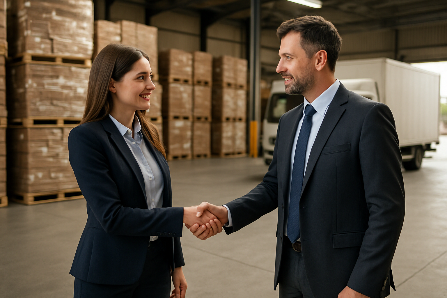 Shipper and carrier representative shaking hands after finalizing a freight agreement