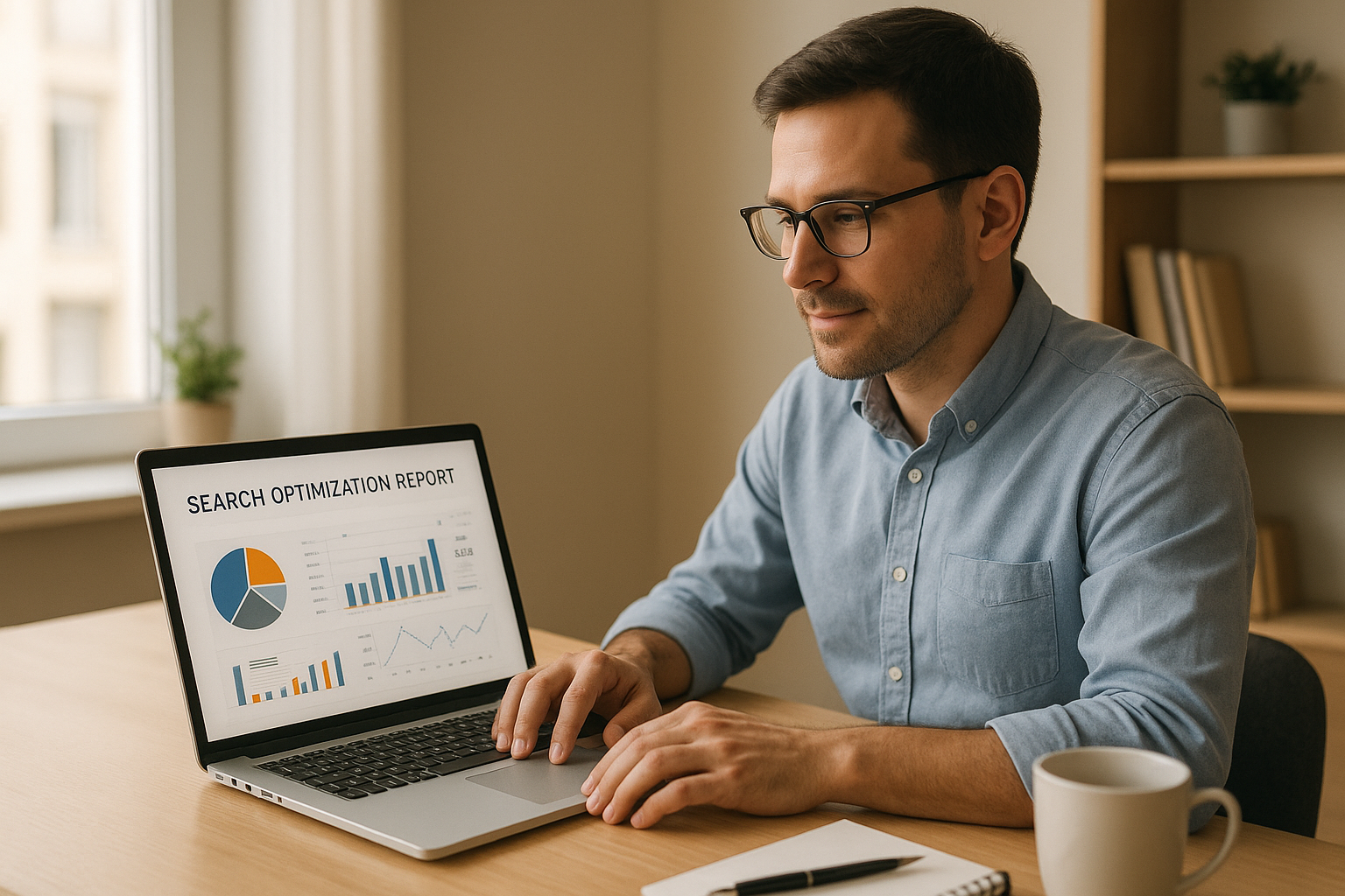 Small business owner reviewing automated search optimization reports on a laptop