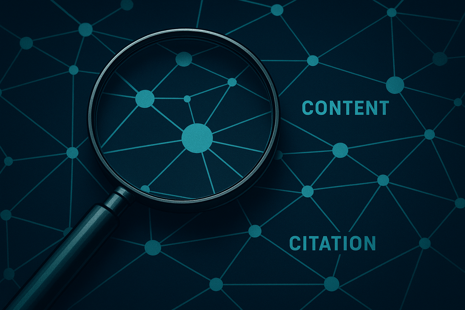 Magnifying glass examining a network of content citations representing ai citation tracking