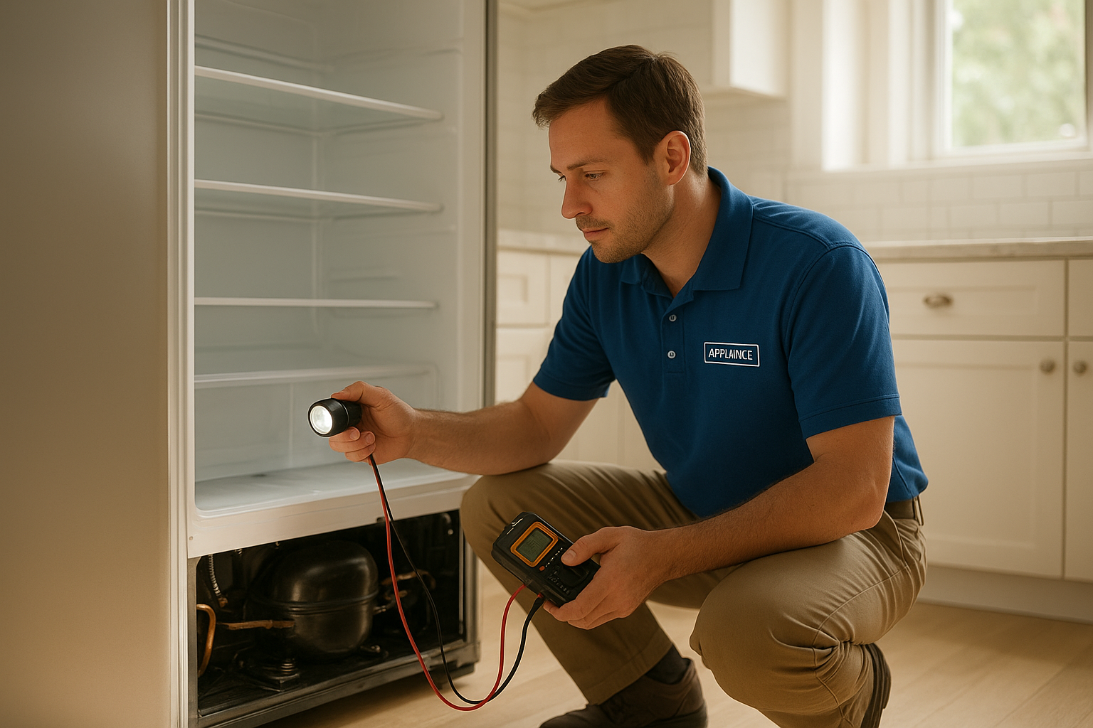 Technician performing refrigerator repair on the compressor of a home fridge