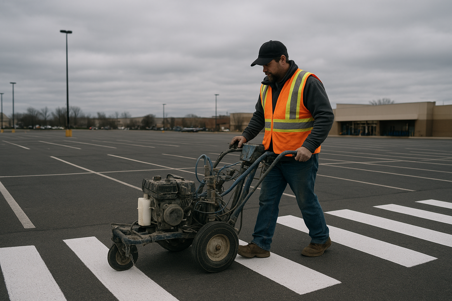 Technician using line striping machine to install slip-resistant crosswalk markings