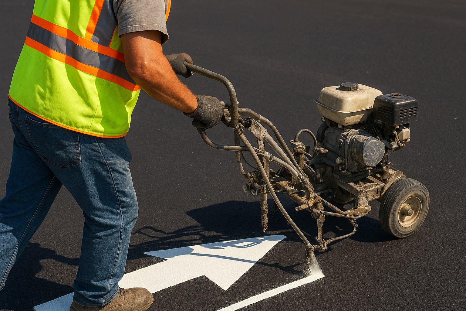 Striping crew painting a directional arrow to guide parking lot traffic flow
