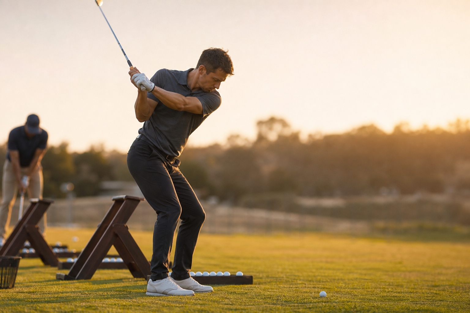 Golfer practicing swing mechanics as part of a golf swing biomechanics online course