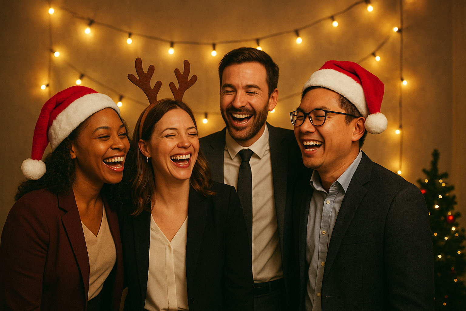 Coworkers posing at a corporate holiday party photo booth in the evening