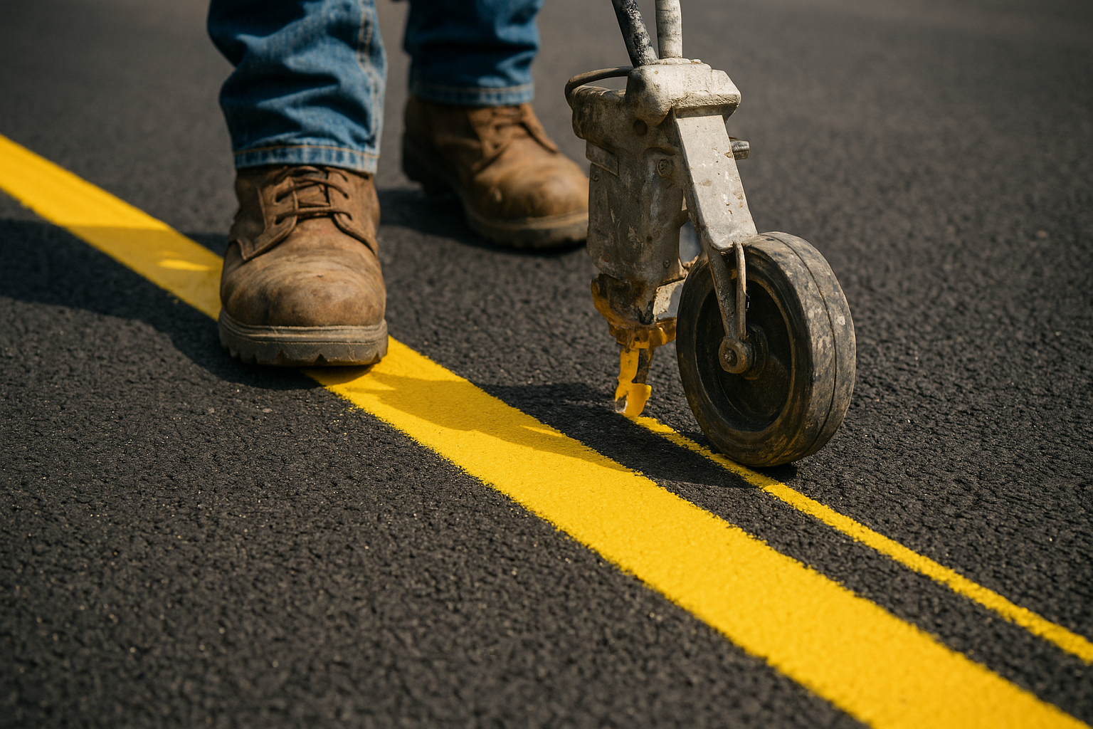 Technician operating a line striping machine to paint accurate yellow lines on a commercial parking lot surface