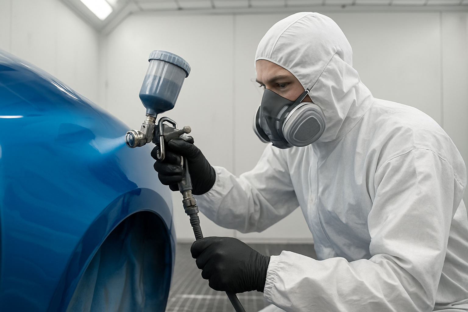 Auto body technician applying factory-matched paint inside a Newport Beach body shop spray booth