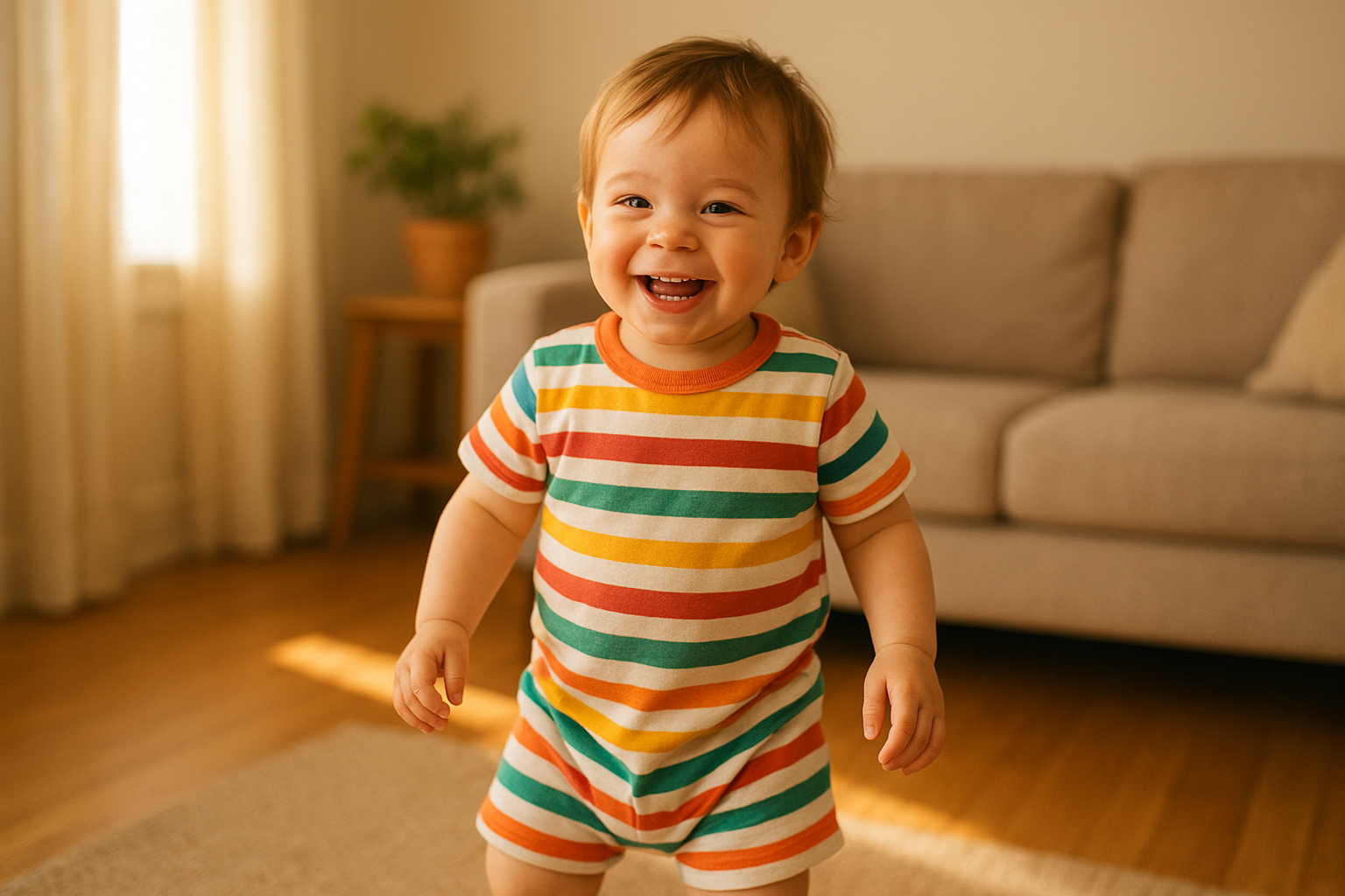 happy toddler wearing a bright striped outfit sourced through a kids clothing rental service