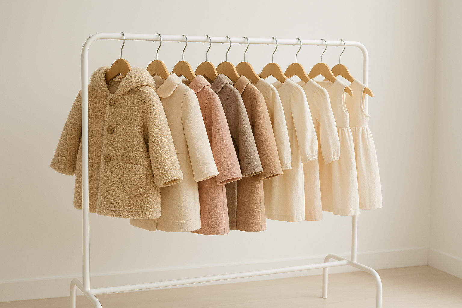 Rack of children's clothing organized by size for a rotating wardrobe service