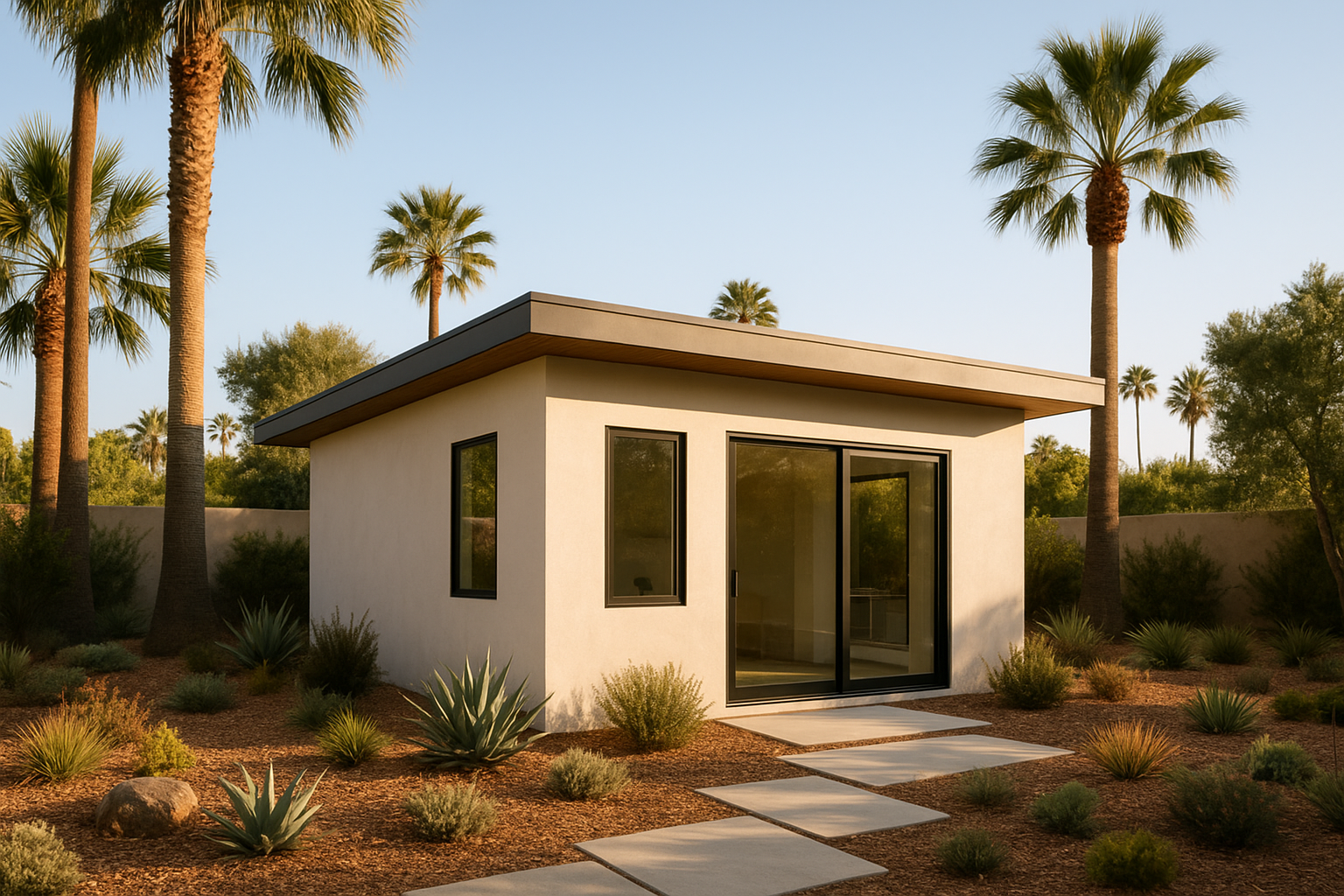 Modern detached ADU home addition in a Southern California backyard with palm trees and contemporary design