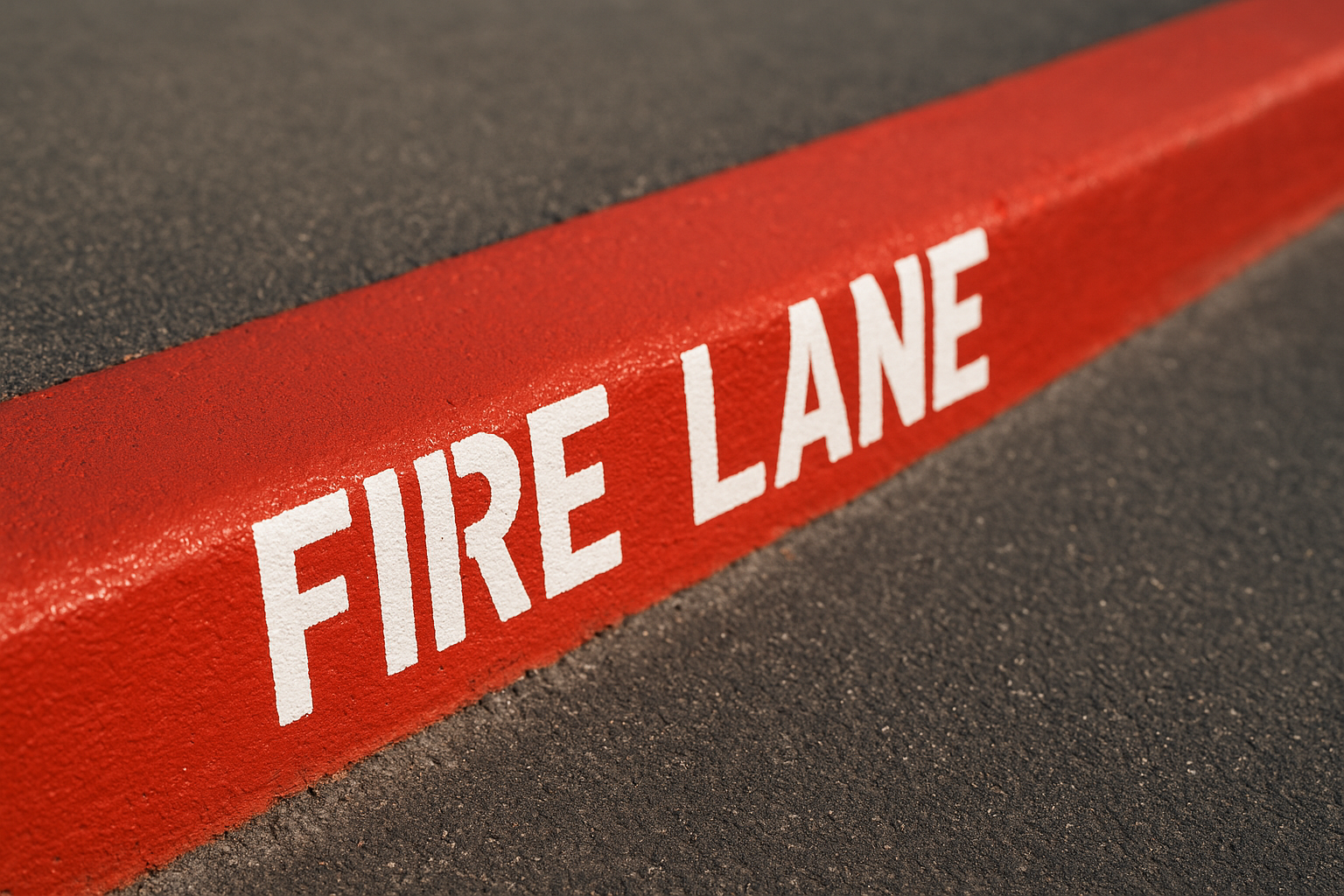 Close up of stenciled fire lane lettering painted on curb in North Texas parking lot