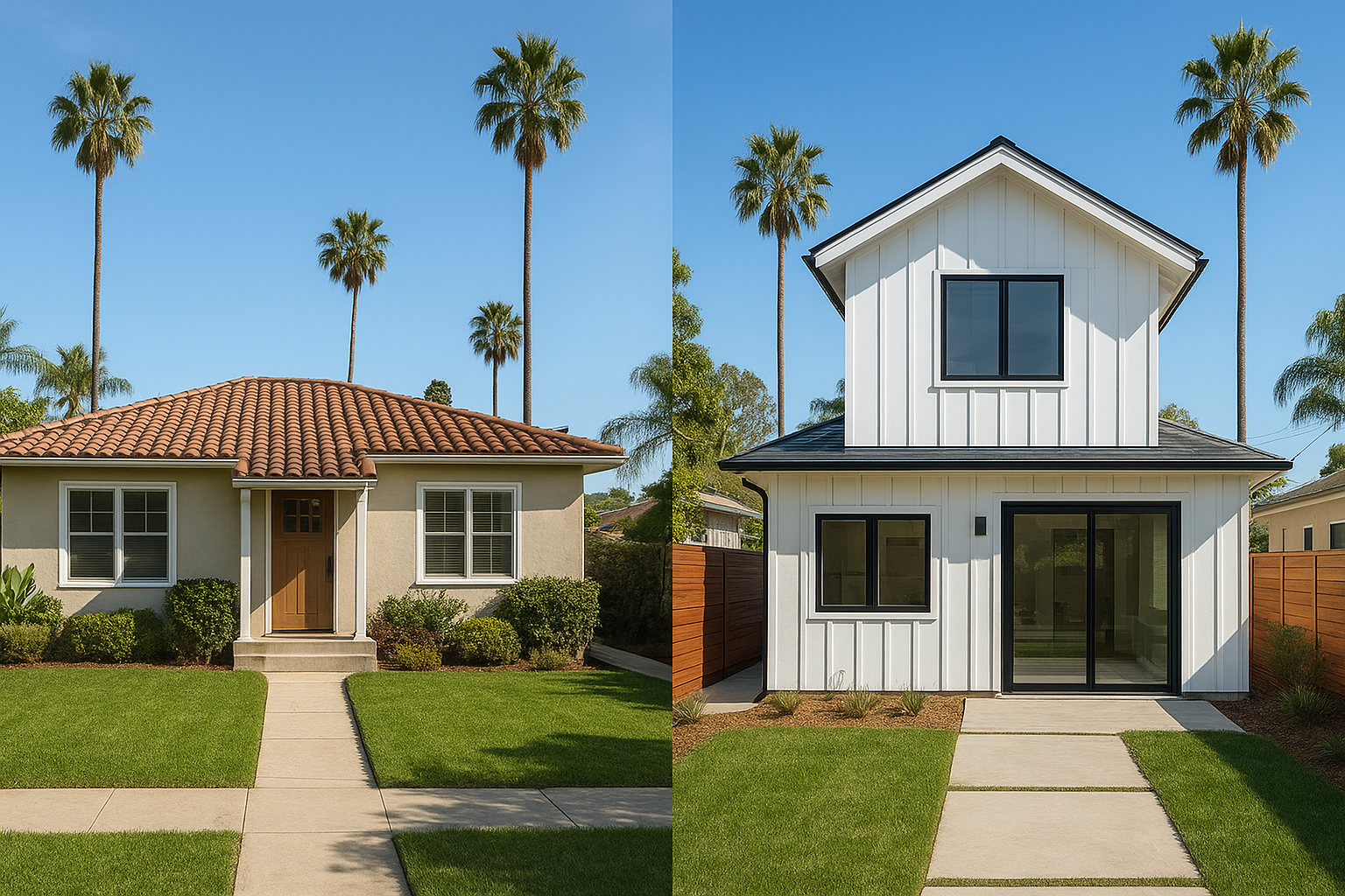 Before and after comparison of Southern California property with new detached ADU added under updated California guidelines