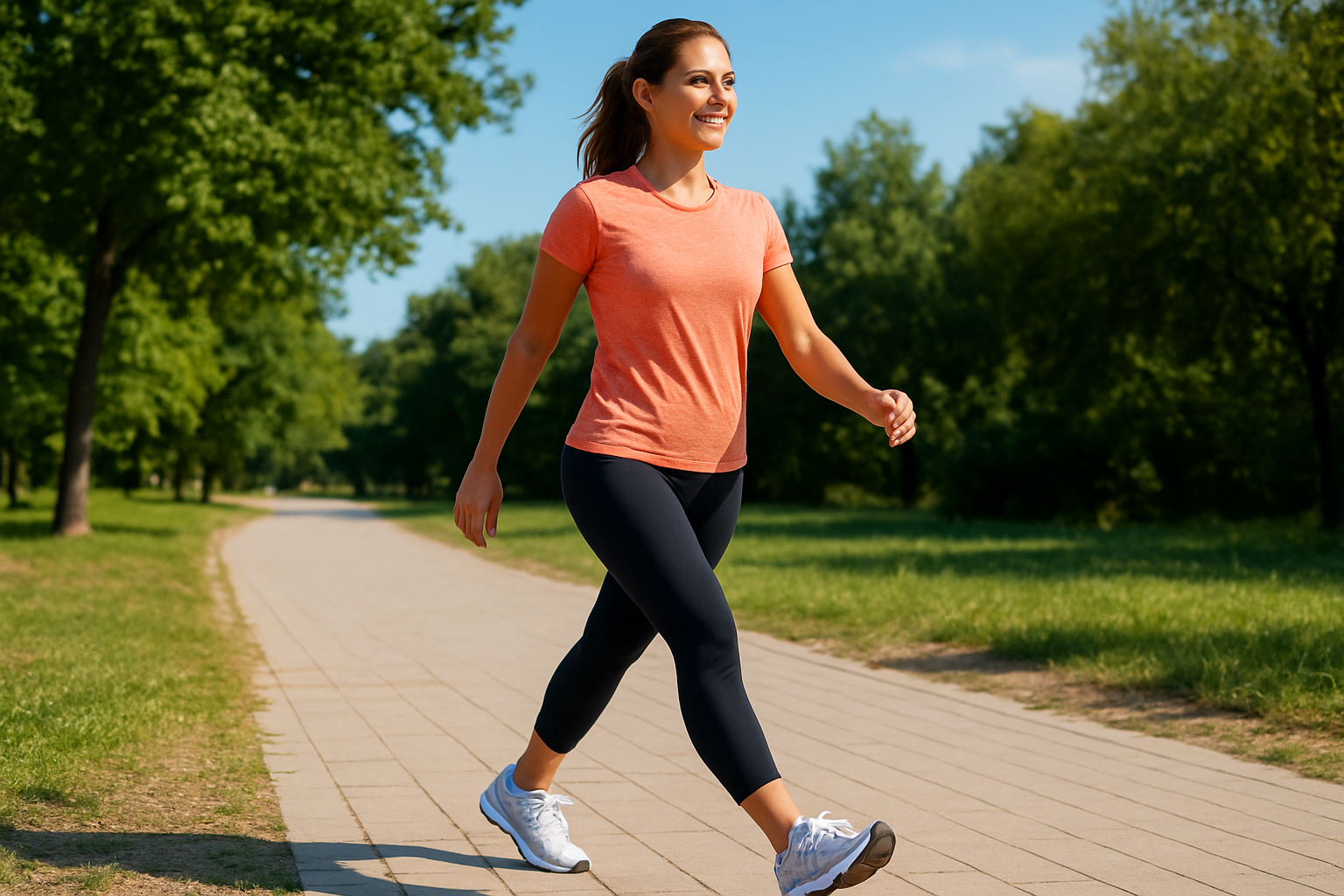 Person walking comfortably outdoors using supportive footwear for flat feet
