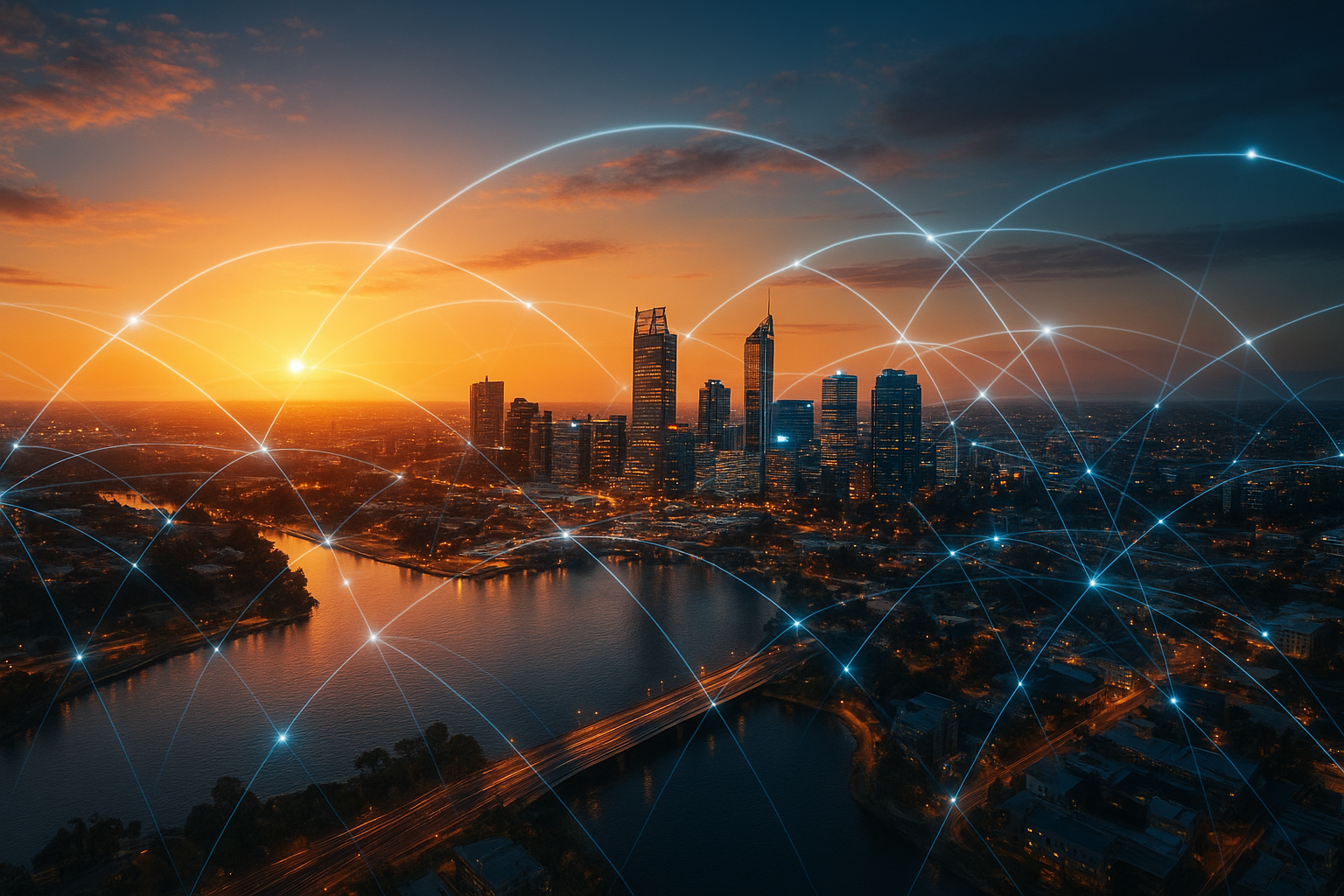 Perth city skyline with AI digital network overlay representing AI SEO Perth local search optimisation