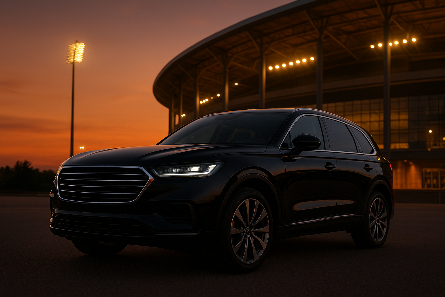 Black luxury SUV providing a chauffeur to SoFi Stadium under evening stadium lights
