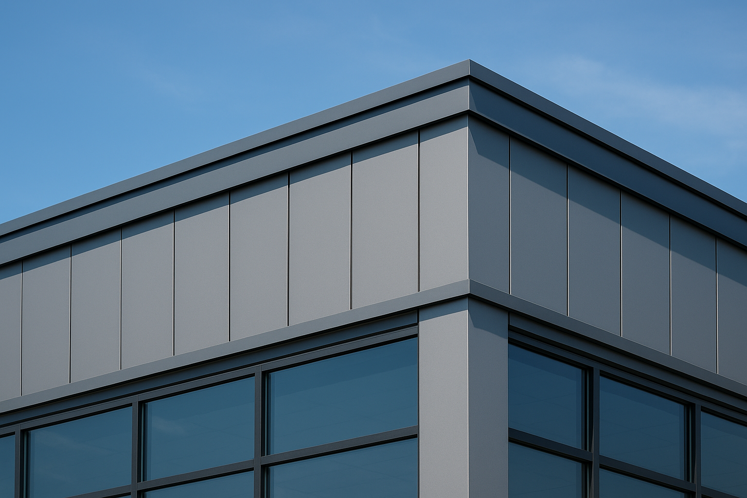 Custom architectural sheet metal panels installed on a commercial building roofline