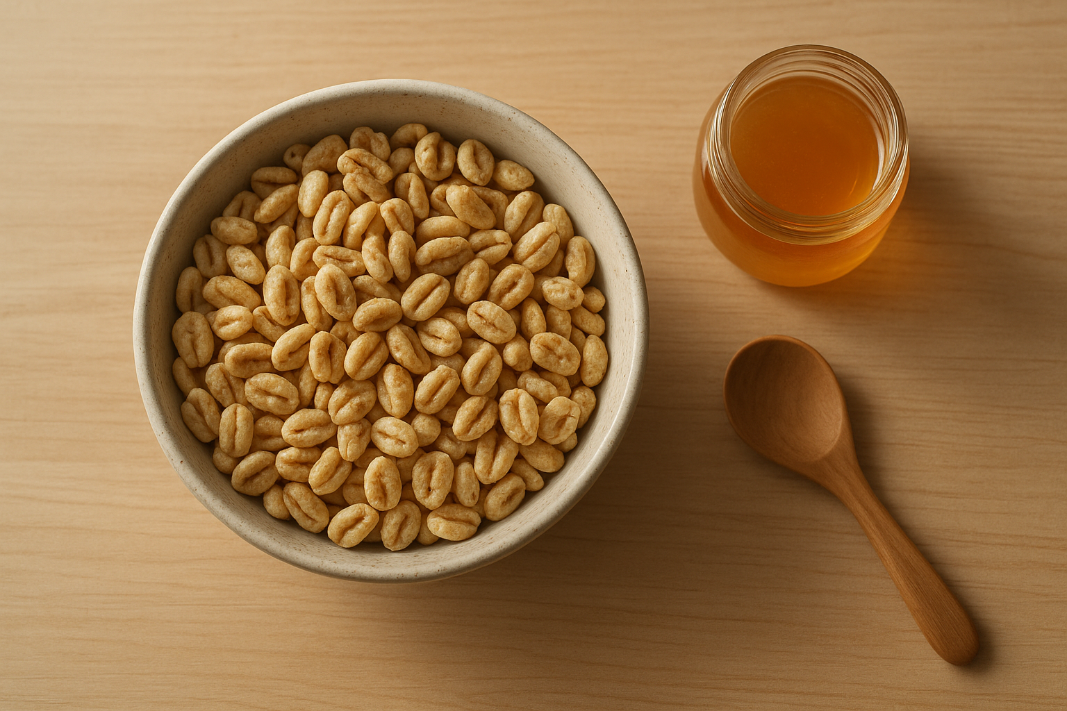 Bowl of clean ingredient cereal made from puffed whole grains next to honey