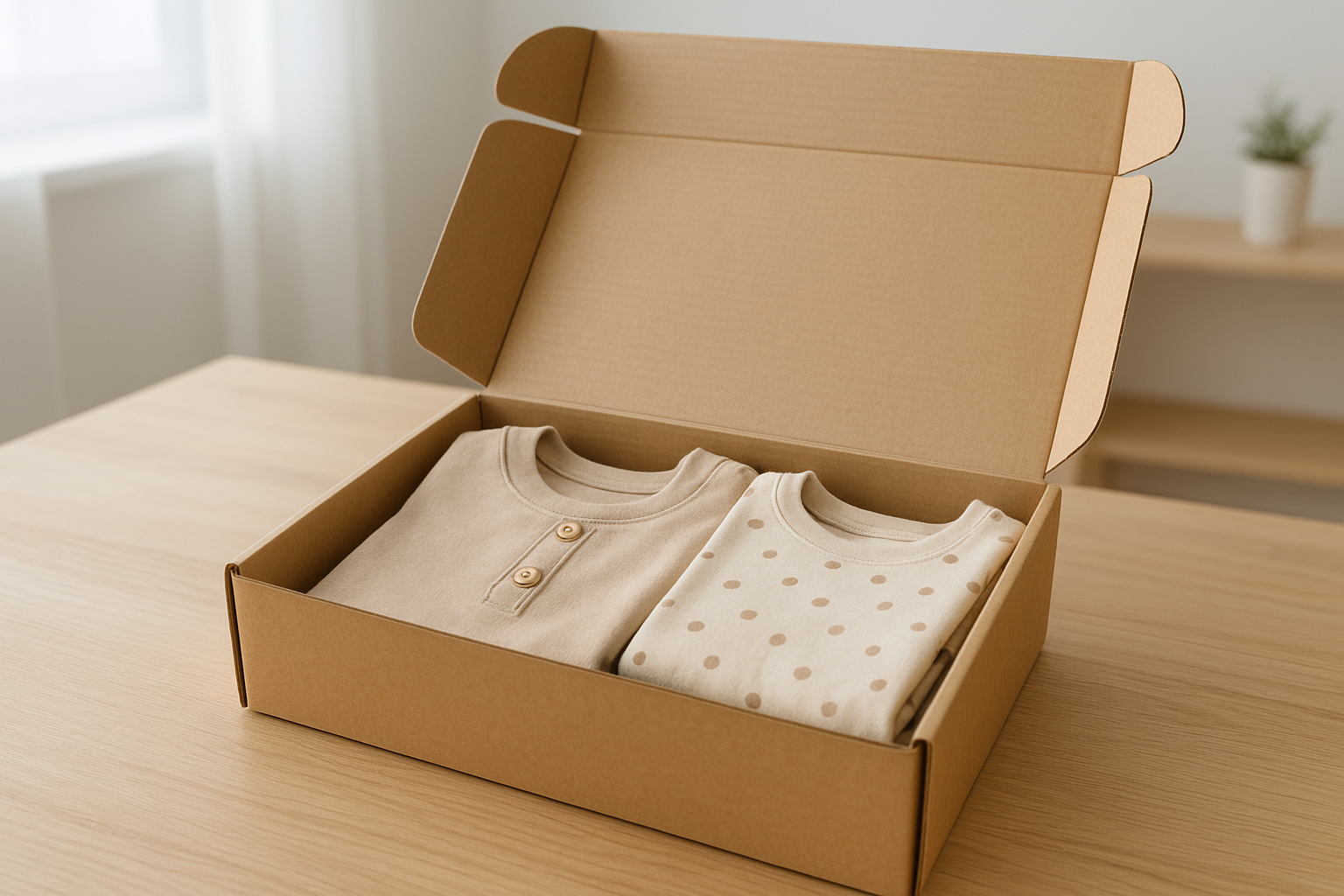 Open shipping box showing folded children's clothing from a rental subscription