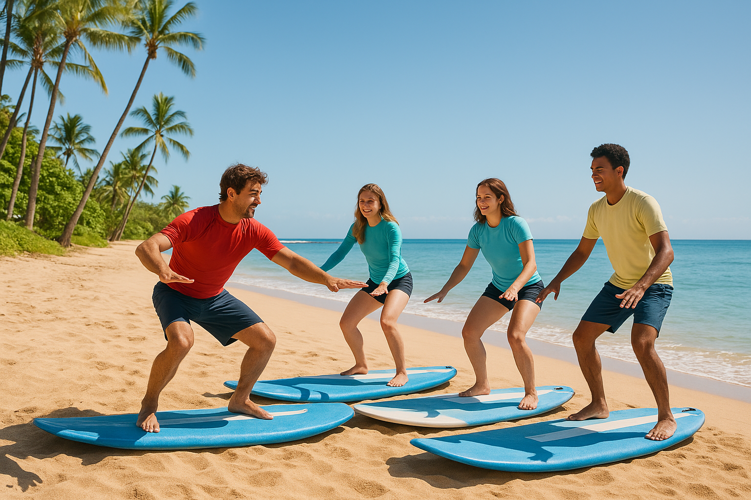 Surf instructor demonstrating surfing techniques for beginners on the beach with students practicing stance on surfboards