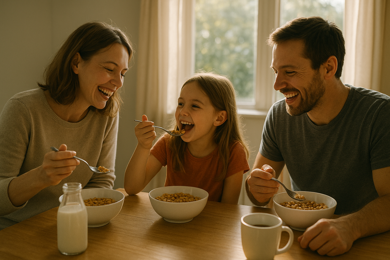Family eating breakfast together with bowls of honey sweetened cereal at the table