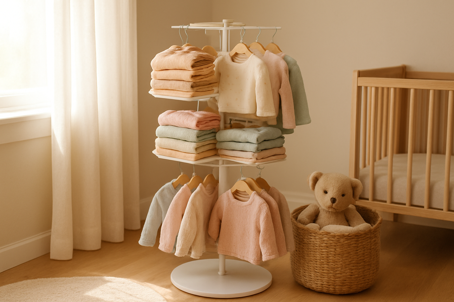 Curated wardrobe rack representing a family clothing rental service
