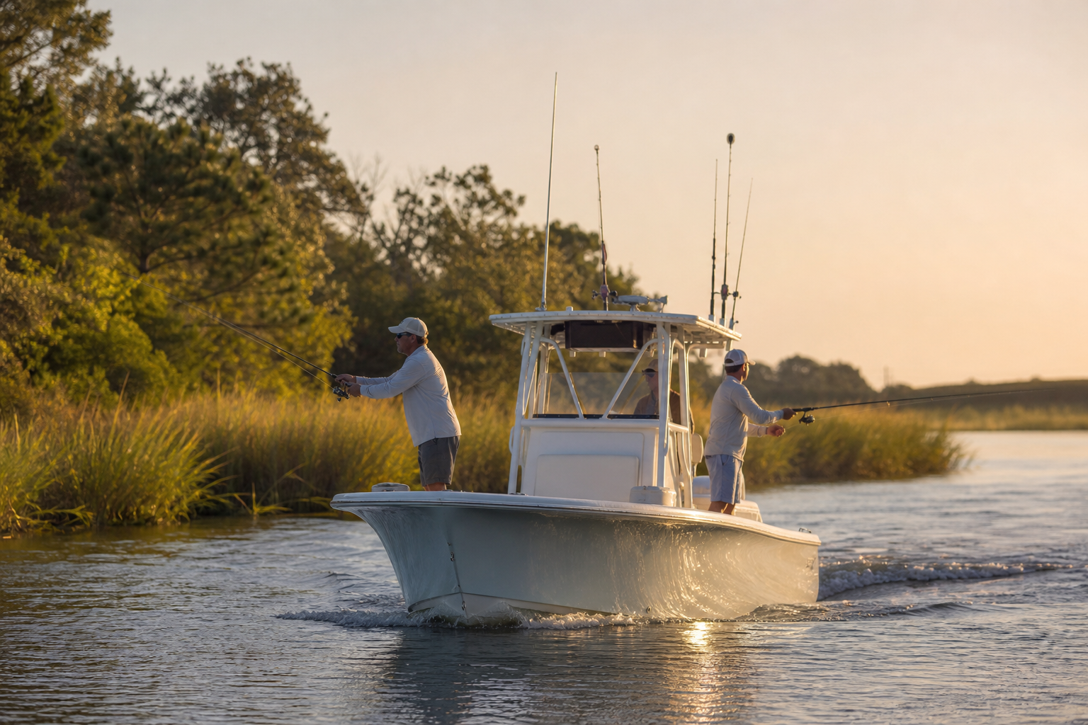Private charter boat on a calm backwater creek illustrating a typical north myrtle beach private guided fishing tour price range trip