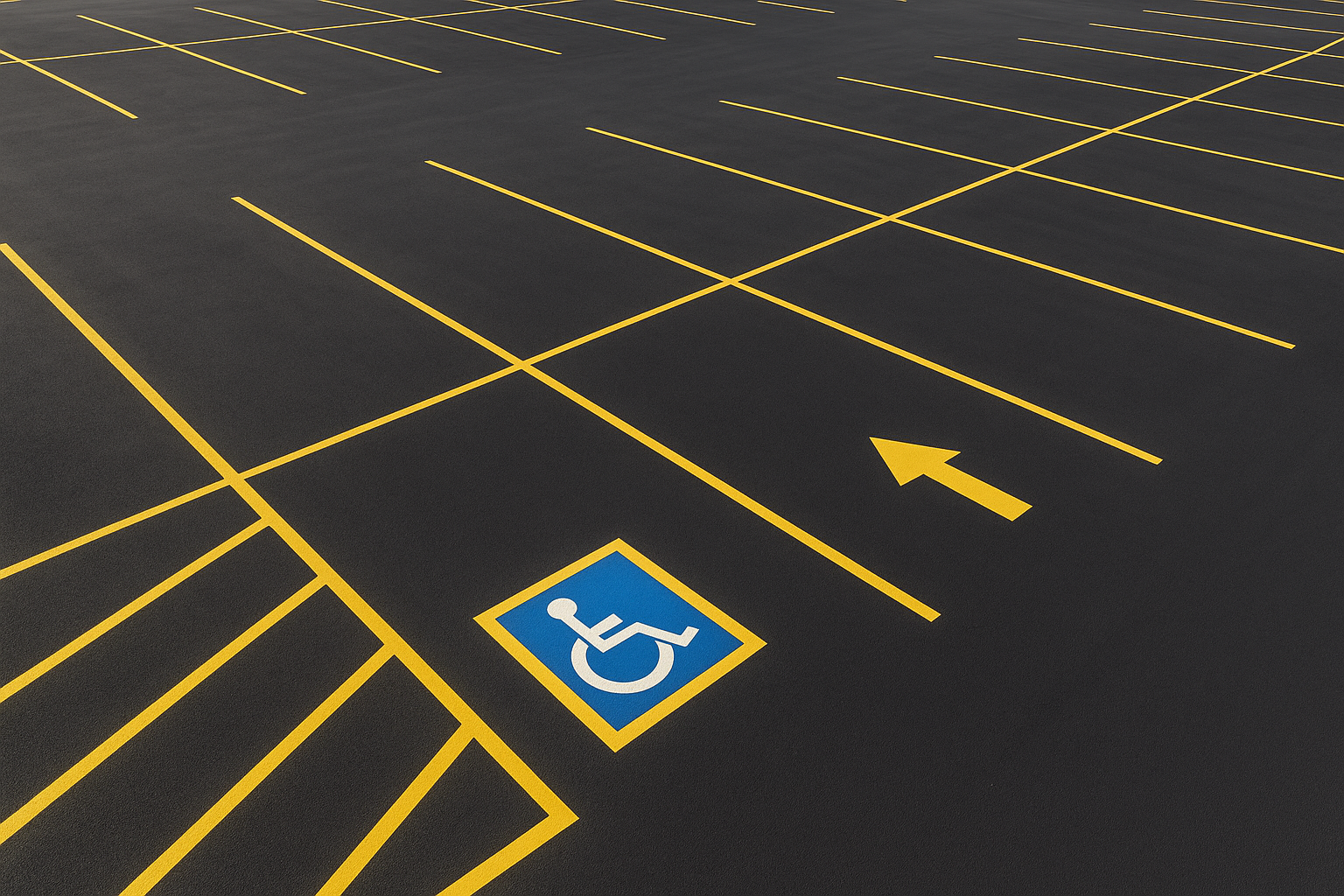 Freshly painted line design for parking lots with straight yellow stall markings