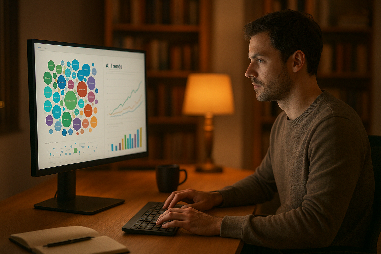 Content creator using AI-powered keyword research tools on a monitor showing keyword cluster maps
