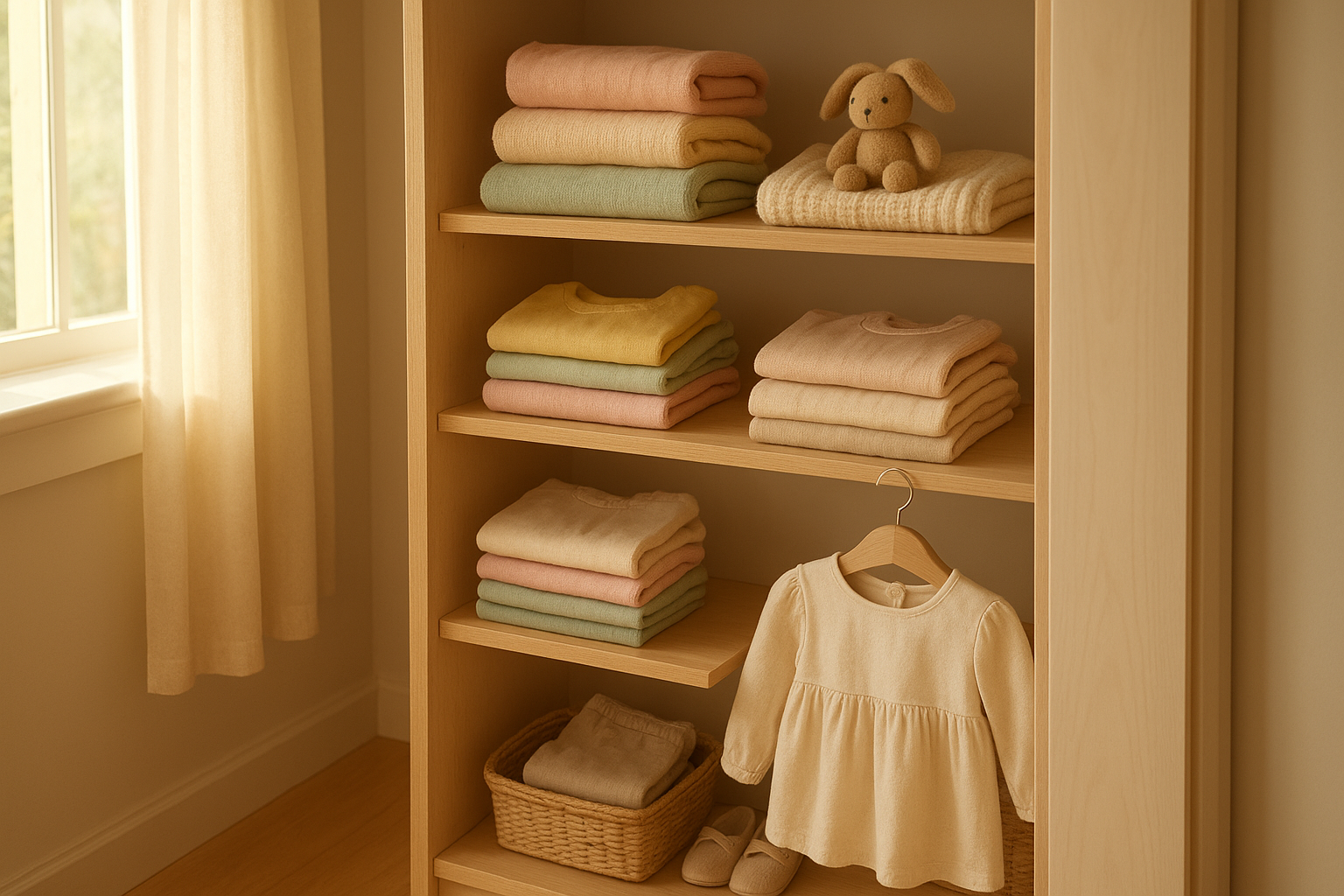 Rotating wardrobe of clothes used for children's seasonal outfit rental displayed in a bedroom closet