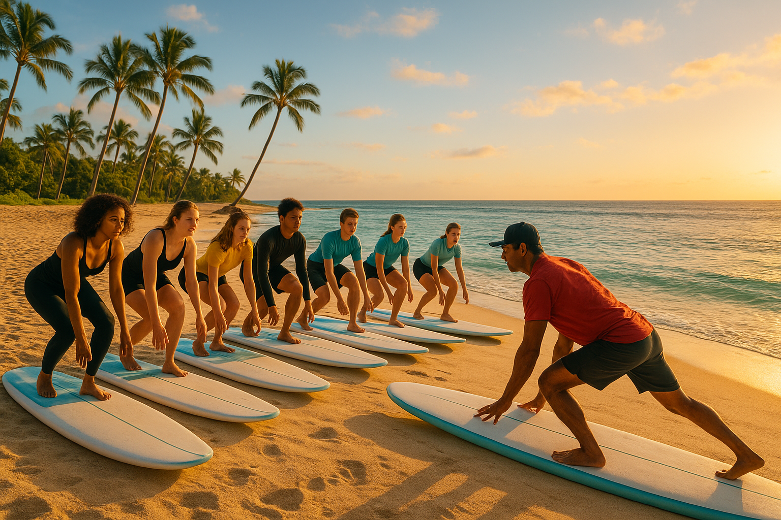 Group surf lessons Hawaii with instructor demonstrating pop-up stance on the beach