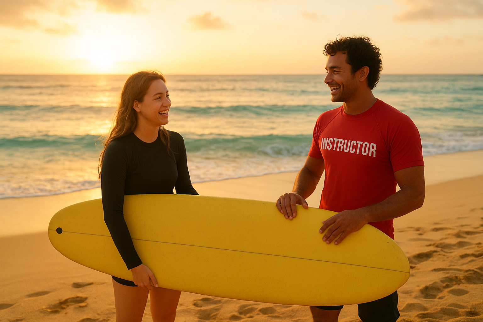 Instructor teaching a beginner during surfing lessons Oahu on a sunny beach