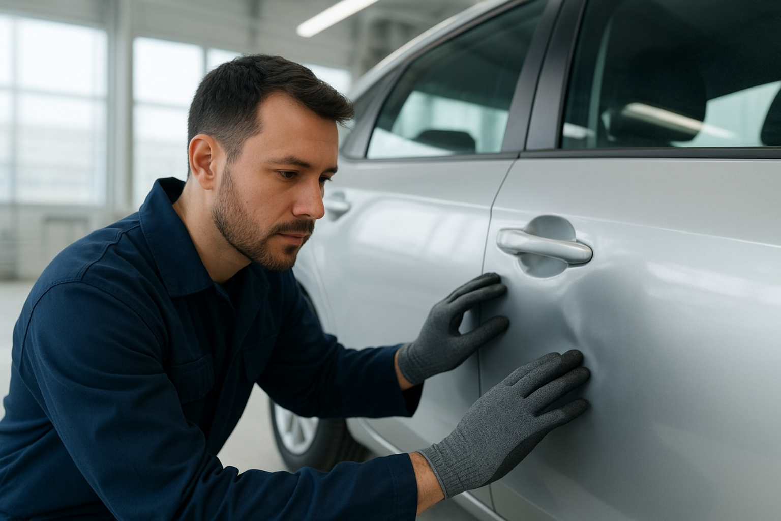 Technician performing auto collision repair Brea inspection on damaged vehicle panel
