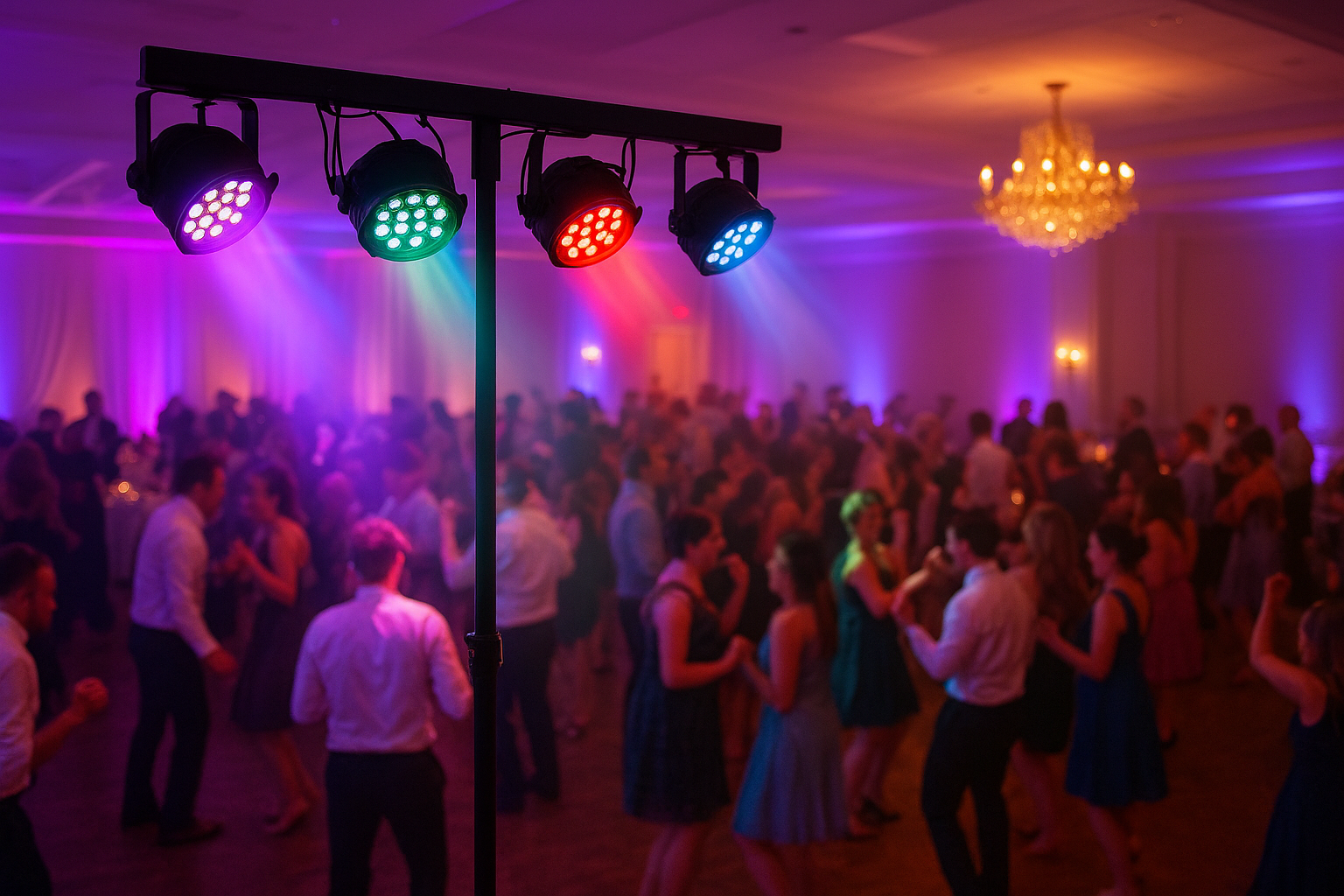 Wedding DJ lighting design illuminating dance floor at Indiana venue