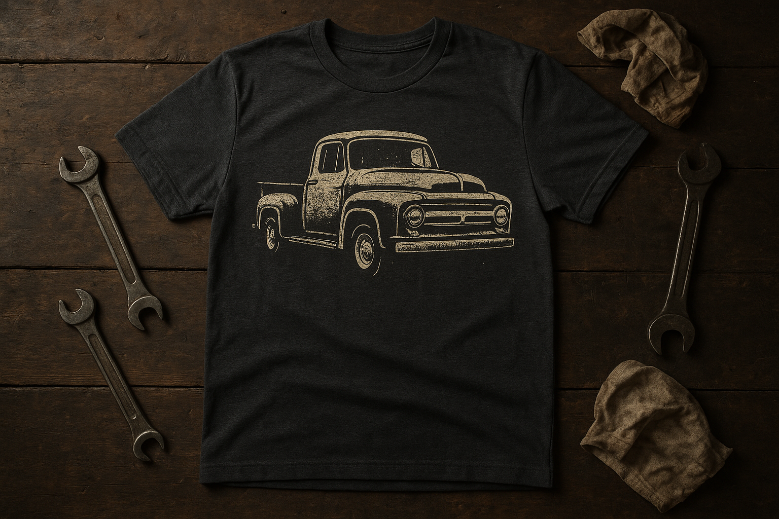Custom apparel for truck lovers featuring a vintage truck graphic on a dark T-shirt