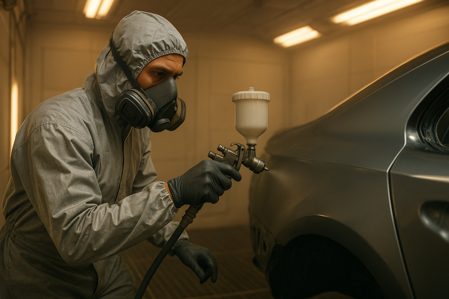 Auto body technician carefully painting a car panel in a professional spray booth at a family owned shop