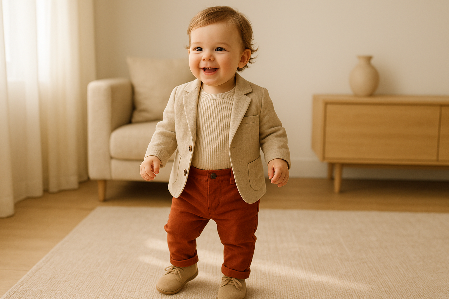 Toddler wearing a premium outfit from a kids fashion membership program in a bright living room