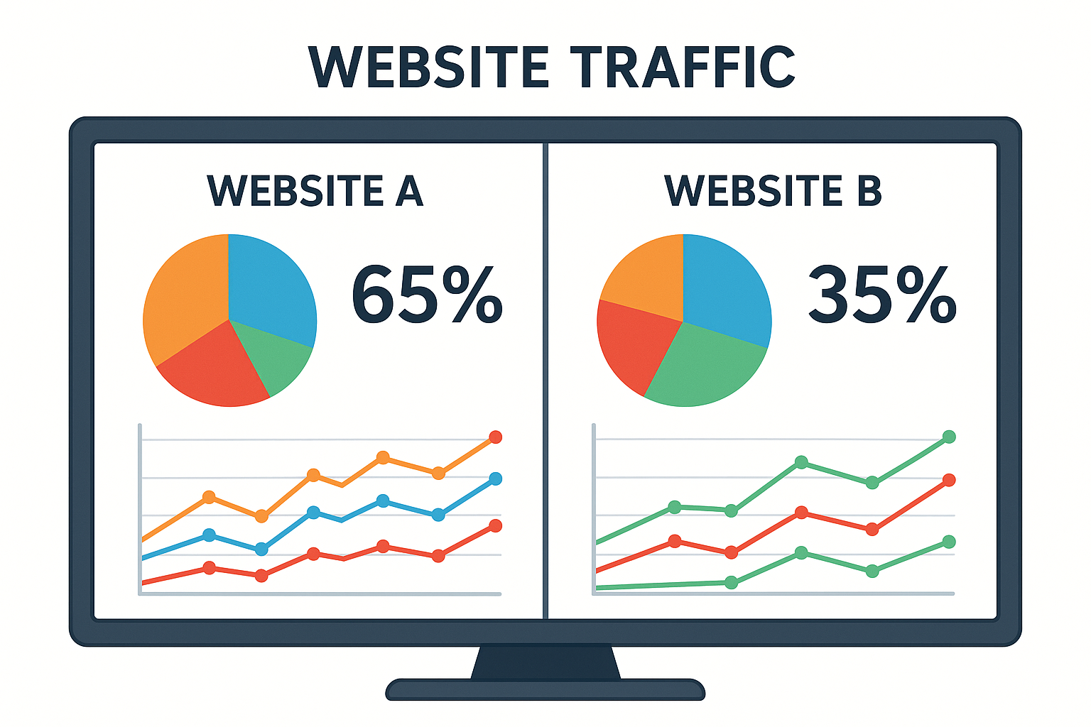 Side-by-side comparison of website traffic data for two competing websites on a monitor screen