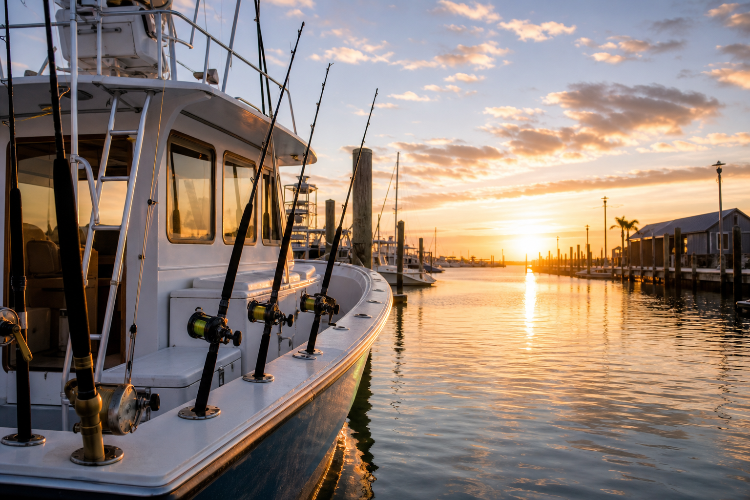 Charter boat docked at sunrise, representing a premier North Myrtle Beach fishing guide to local trips