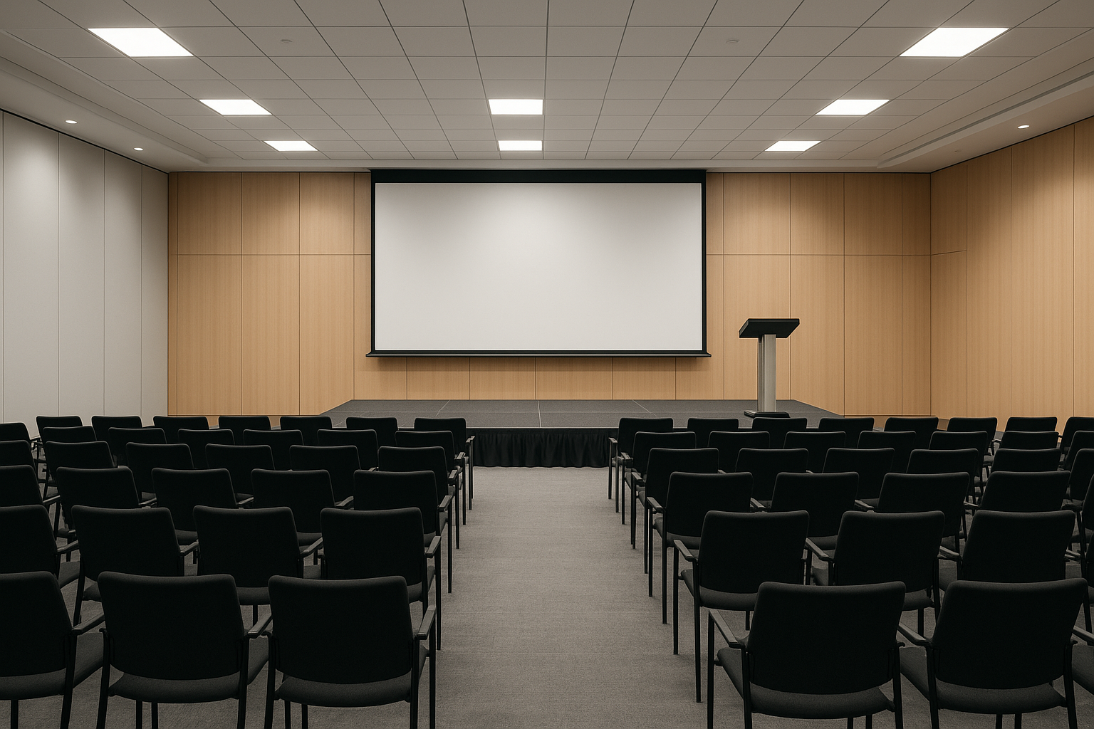 Projector and screen setup for a corporate conference presentation