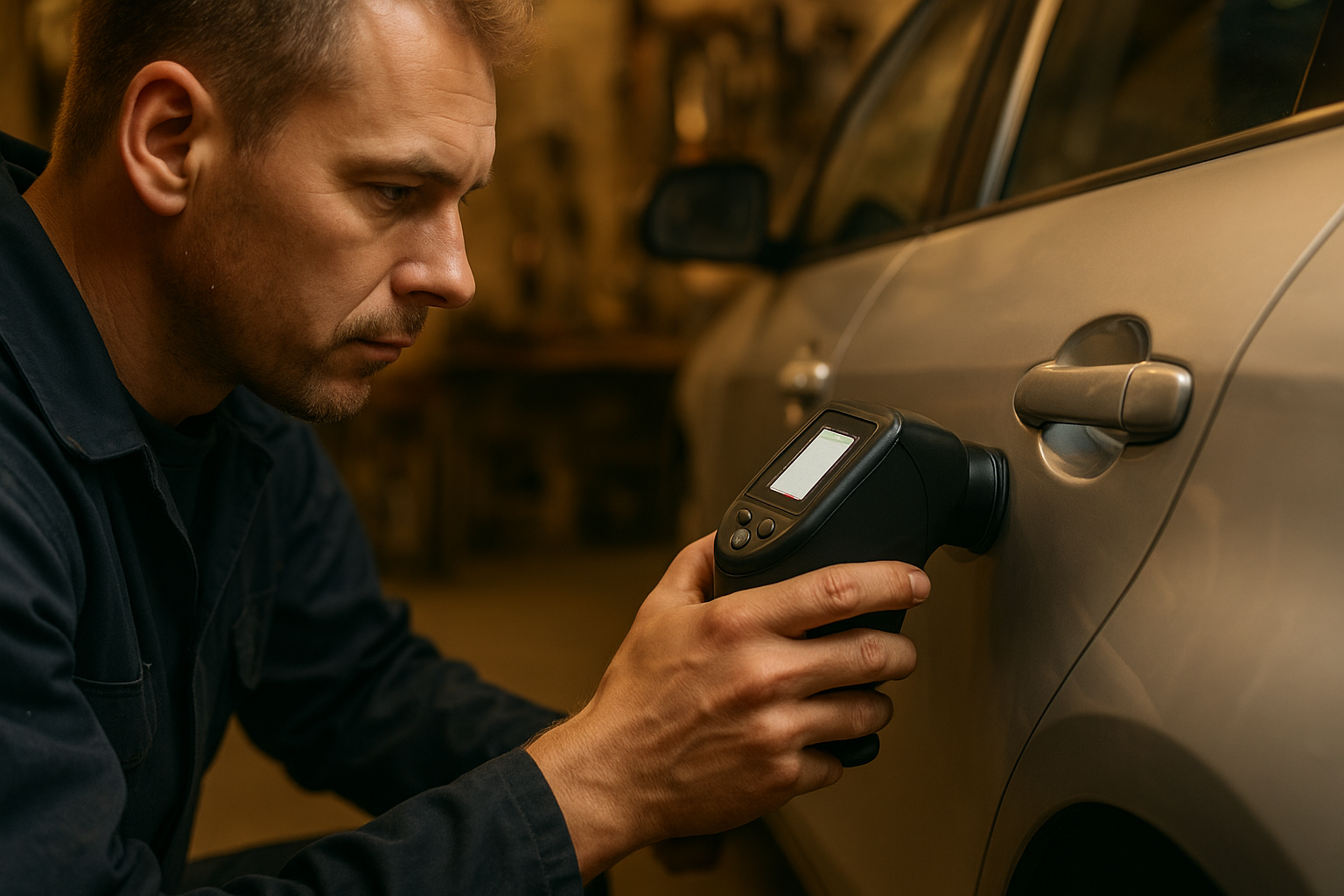 Auto body technician performing precision paint color matching on a vehicle panel