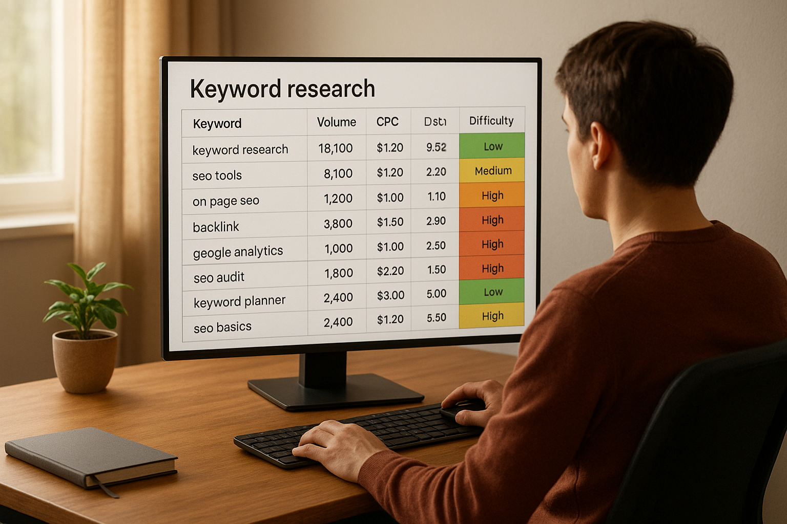 SEO professional reviewing keyword difficulty scores in a spreadsheet during keyword research session