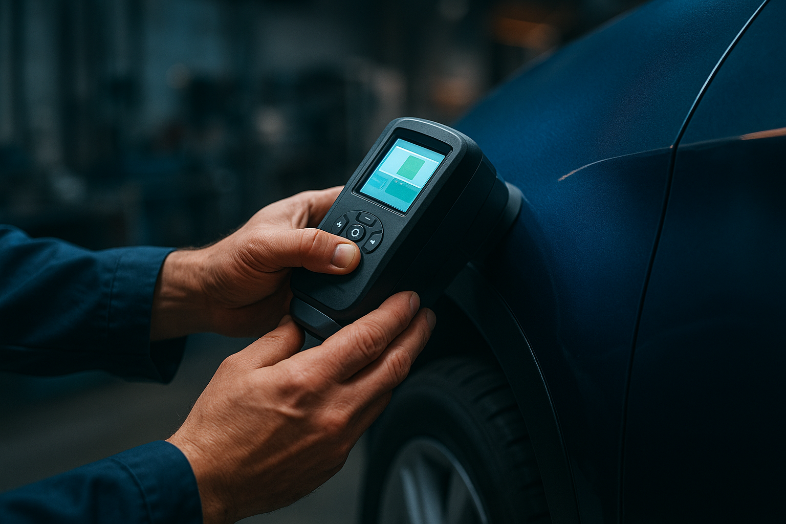 Technician using a digital color-matching scanner during collision repair paint work