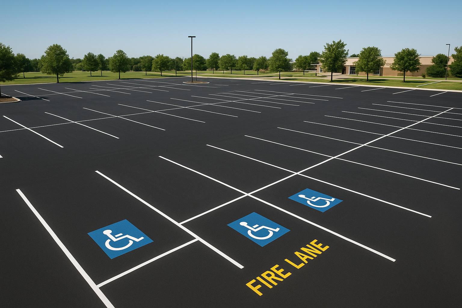 Freshly completed parking lot marking denton tx project showing striped stalls and ADA symbols